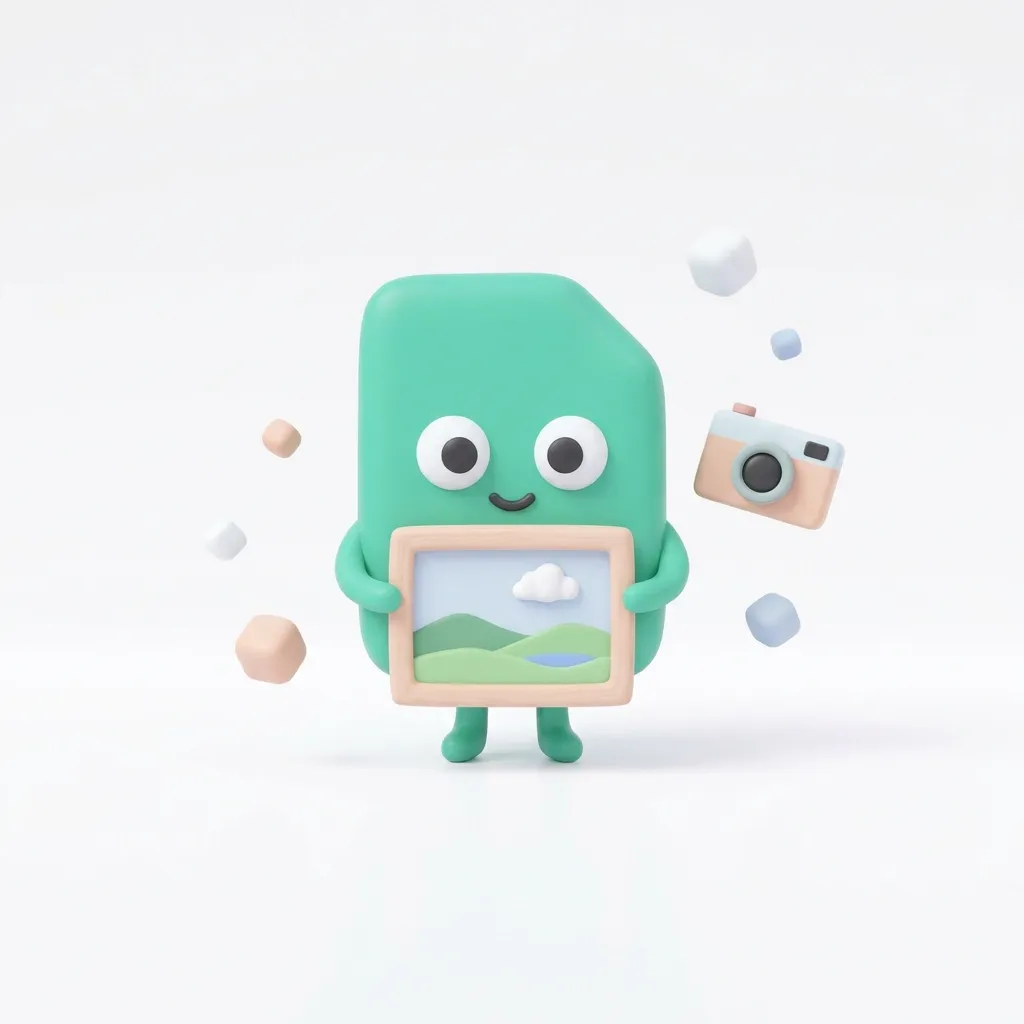 Green file character holding a photo