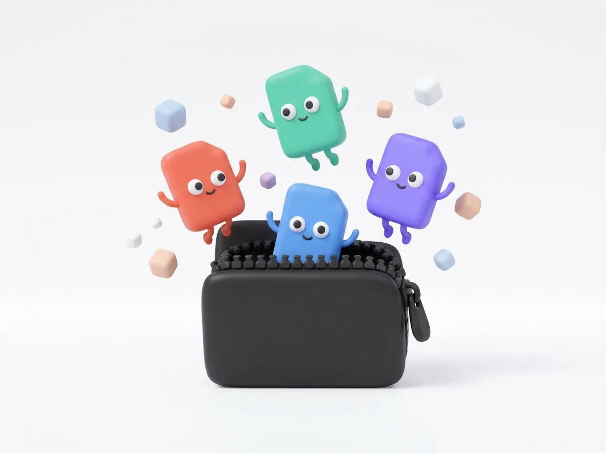 Personajes archivo saliendo de una bolsa ZIP