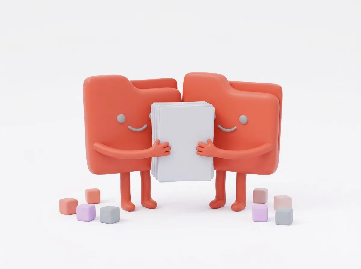 Two file characters merging into one stack of pages