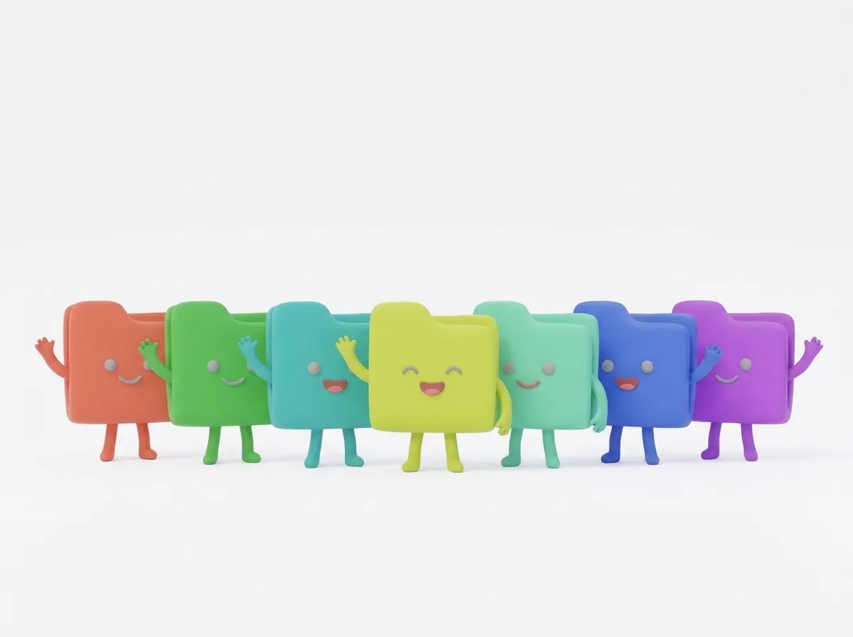 A group of colourful file characters waving