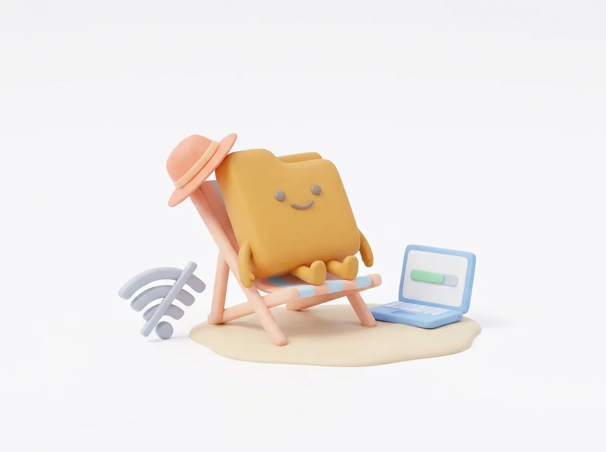 Personaje archivo relajándose junto a un símbolo de wifi tachado