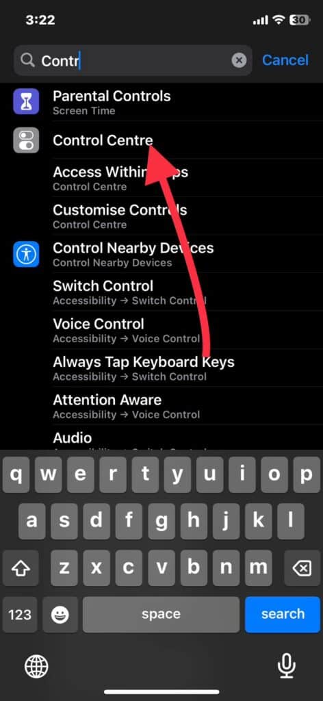 Step 2: Finding Control Centre for screen recording on iphone 