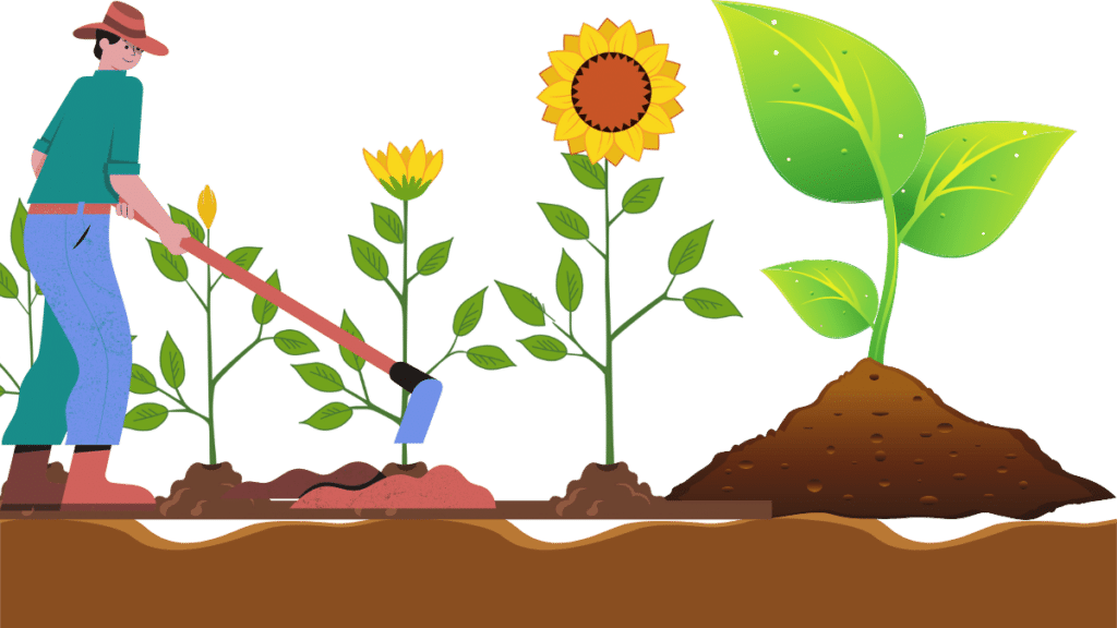 An illustration of a person improving the soil for a vegetable garden. 