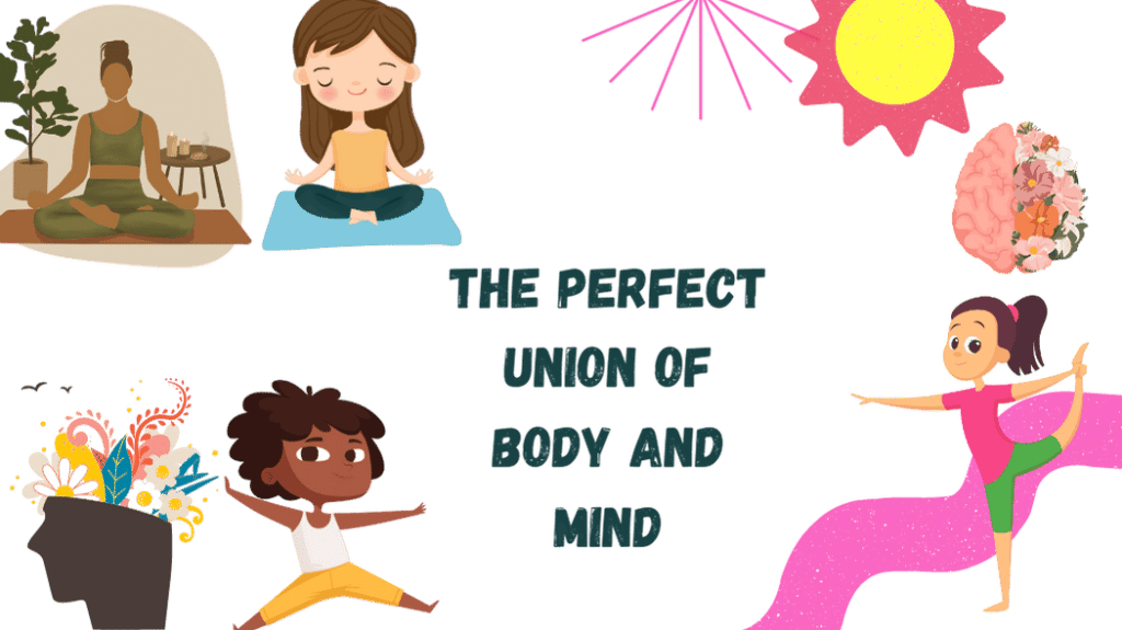 The animated cartoon characters showing the connection between yoga and mindfulness.