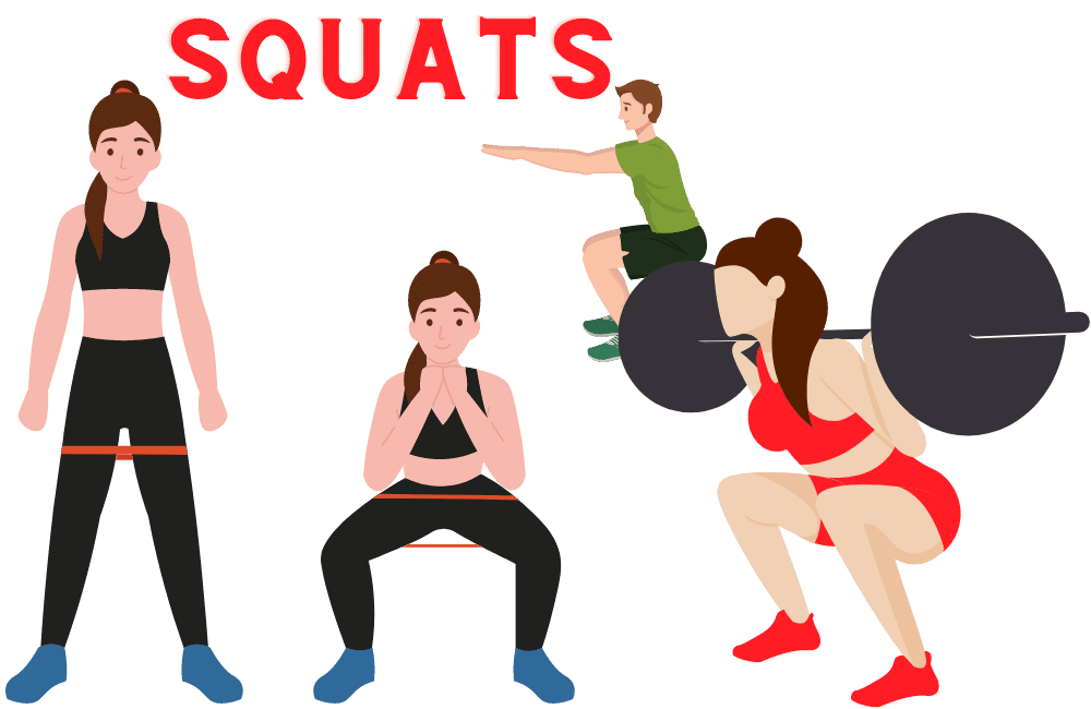 an illustration of  a girls and boy doing a squat exercise from a 10 best exercises. 