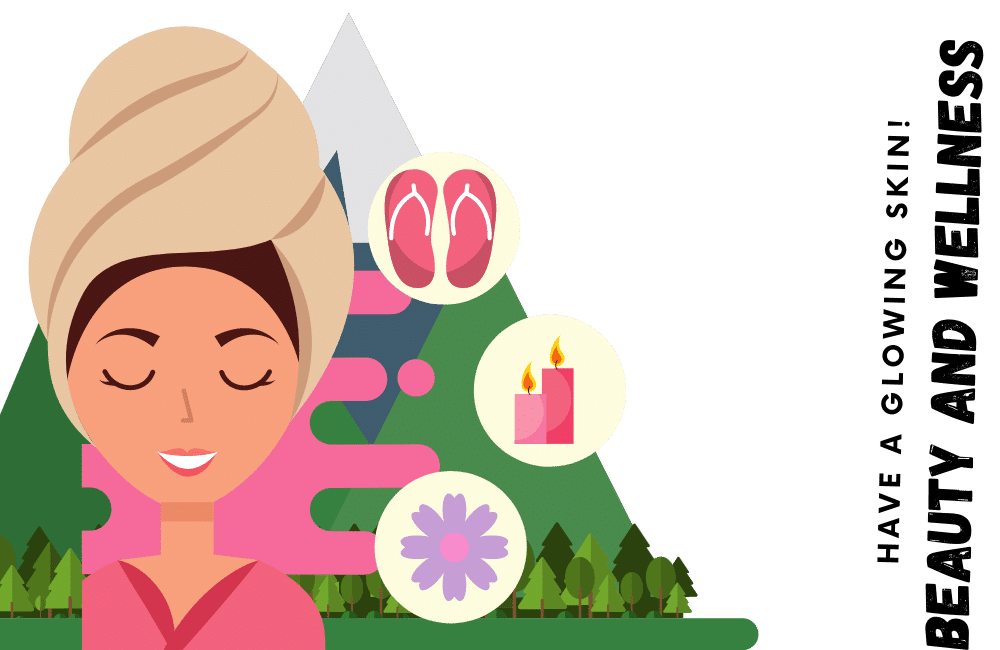 An illustration of a girl with closed eyes, surrounded by plants and nature. She is holding a book titled 'Beauty and Wellness,' and there are lines connecting her to various aspects of wellness such as exercise, healthy eating, mindfulness, and self-care. 