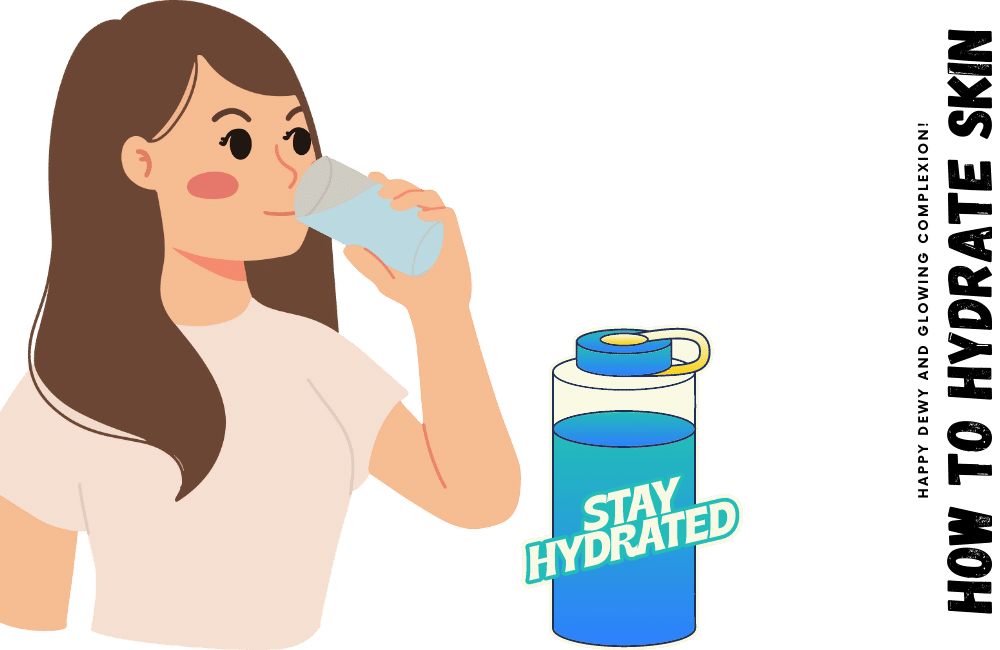 an illustration of a girl is drinking water to hydrate the skin. 