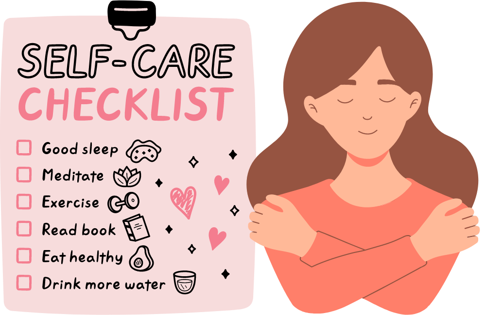 an illustration of selfcare checklist for stress reduction. 