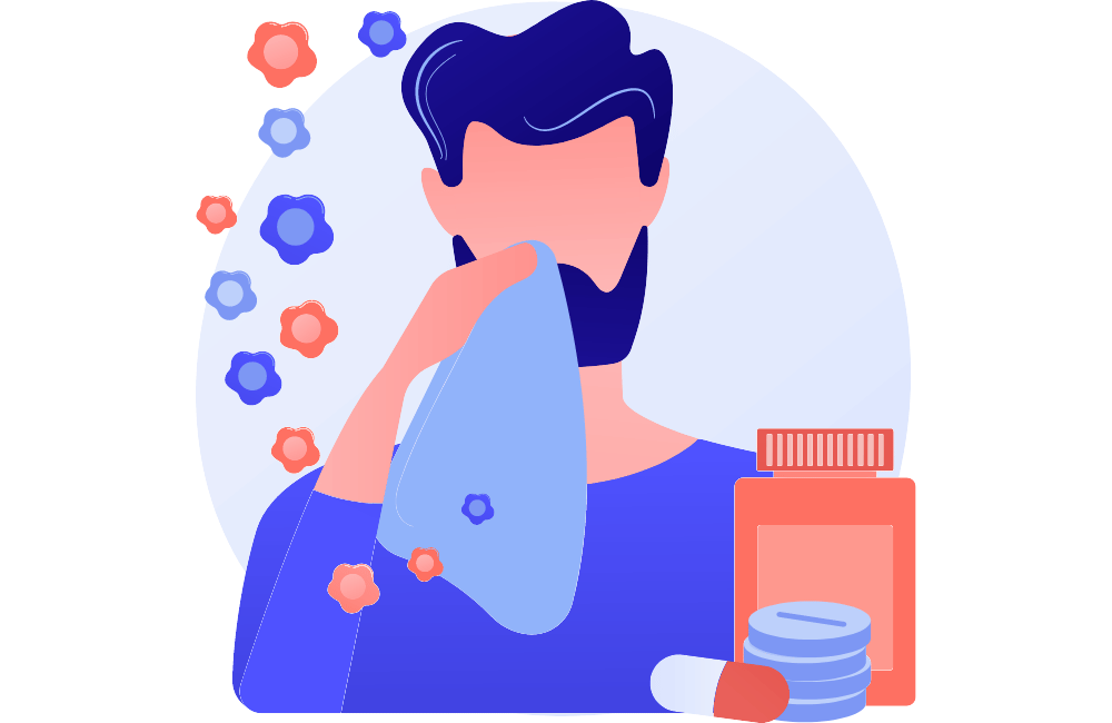 an illustration of a person having a handkerchief in his hand and wants immunotherapy. 